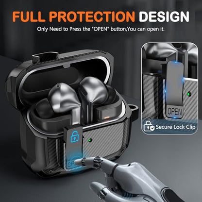 Safety Lock Case for Samsung Galaxy Buds3 FE/Pro/3 (Black) | Carbon fibre texture Design,with Cleaning Kit & Keychain,Mecha Protective Case - color: A-black