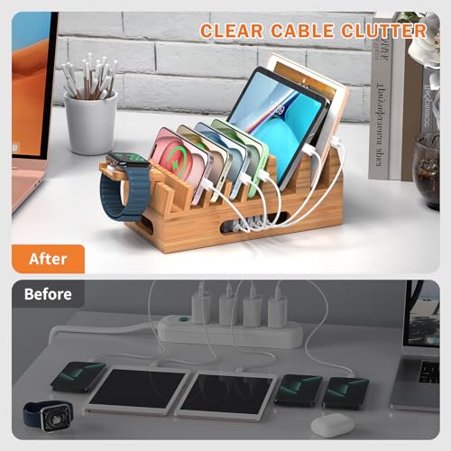 Pezin & Hulin Bamboo Charging Station with 5 Cables-Natural Bamboo | Wood Desktop Docking with Watch Holder for Phone, Tablet & Watch – Charge 7 Devices at Once, 5 Cables Included (No Adapter) - color: Dock Stand +Cables