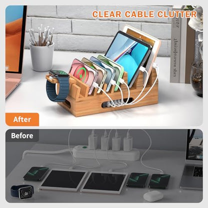 Pezin & Hulin Bamboo Charging Station with 5 Cables-Natural Bamboo | Wood Desktop Docking with Watch Holder for Phone, Tablet & Watch – Charge 7 Devices at Once, 5 Cables Included (No Adapter) - color: Dock Stand +Cables