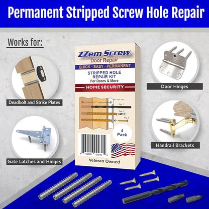 4-Pack #9 x 3 Permanent Stripped Door Hinge Screw Hole Repair Kit | Reinforces hinges, strike plates and door jambs. Installs in minutes. Made in USA - size: 4 Pack