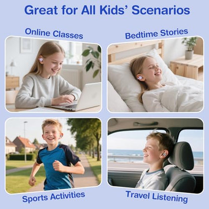 QearFun Kids Bear Ear Clip On Earbuds, Open Ear Earbuds with Rotatable Case - 85dB Safe Volume, 30H Playtime, Built-in Mic, Wireless Bluetooth Headphones for School Travel, Gift for Girls Boys - color: Black Earbuds