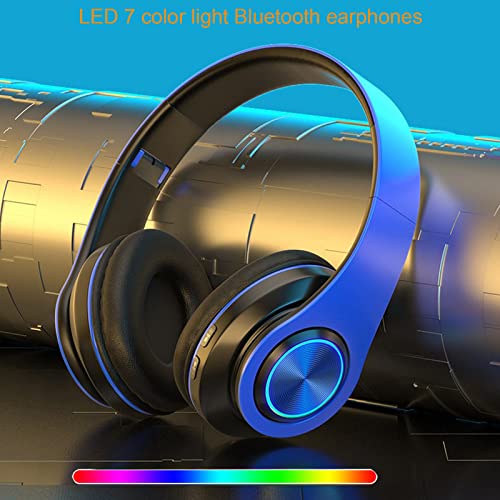 Wireless Bluetooth Headphones with Colorful LED Lights, Blue | Built-in Mic, Light Weight, Foldable, Wired HiFi Stereo Headphones for Classroom/Home Office/PC/Mobile Phone/Kids Adult - color: Blue