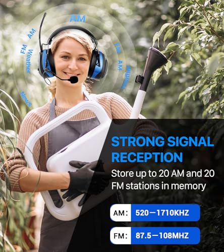 AM FM Radio Hearing Protection Earmuff, Bluetooth 5.4, 30SNR | Rechargeable Hearing Protectors with Gel Earpads, Headphones for Lawn Mowing, Construction, Chainsaw, Landscaping - color: Am/Fm + Bluetooth + Microphone-blue