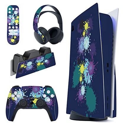 PlayVital for ps5 Skin - Disc Edition Full Set Console Controller Skin, Vinyl Decal Wrap Sticker Cover for ps5 Controller & Charging Station & Headset & Media Remote - Splattering Paint - color: Splattering Paint