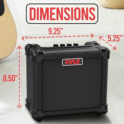 Pyle Portable Electric Guitar Amp - Battery or Wall Power Mini 10 Watt Mini Practice Instrument Amplifier w/ 5" High Definition Speaker, Headphone Out, Volume, Bass, Treble, Distortion, Gain Controls