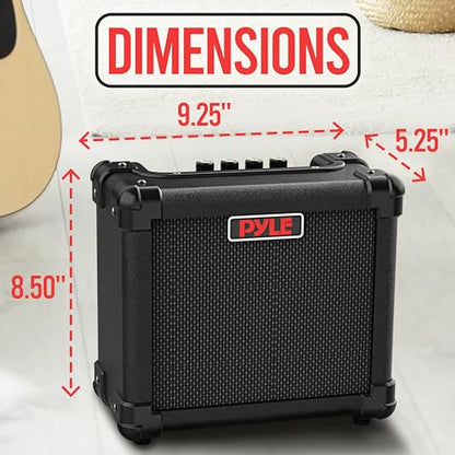 Pyle Portable Electric Guitar Amp - Battery or Wall Power Mini 10 Watt Mini Practice Instrument Amplifier w/ 5" High Definition Speaker, Headphone Out, Volume, Bass, Treble, Distortion, Gain Controls