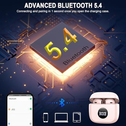 Wireless Earbuds, Bluetooth 5.4 Ear Buds, LED Power Display, 6D Bass Stereo | 4 ENC Noise Cancelling Mic, HiFi Stereo, In-Ear Headphones, 40H Playback Mini Case, IP7 Waterproof Sports, for Android iOS - color: Pink
