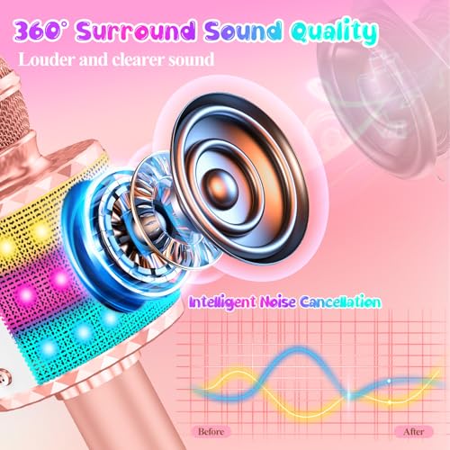 Karaoke Microphone Toys for Kids, Wireless Bluetooth Mic with Lights & Speaker, Portable Home KTV Player System, Perfect Birthday Party for 3-12 Year Old Boys & Girls - color: Rose Gold