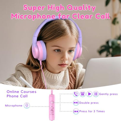 Candy Bila Wired Kids Headphones for School, Over-Ear for Boys Girls | Volume Limiter 85/94dB, HD Stereo Sound, Microphone and Wired Control,Foldable Design, Gradient Red - color: Gradient Red