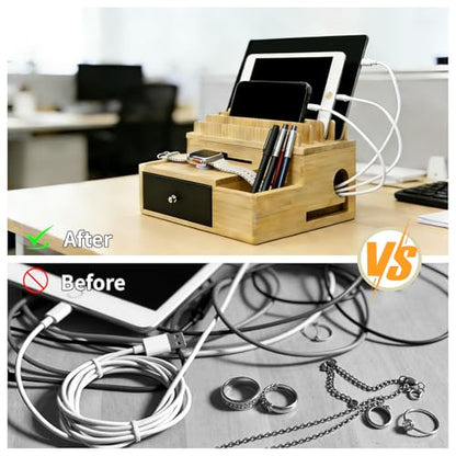 Bamboo Charging Station Organizer with Drawer and Pen Holder | Charging Stand Rack for Multi-Devices, Cable Organizer Box, Bedside Dock Stand Holder (Include 5 Cables)(No Power Adapter)