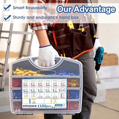 smseace 1100Pcs Wire Connectors Kit with Crimping Tool Packed in Handheld box 22-10AWG Insulated Wire Crimp Spade/Fork/Ring/Butt Electrical Speaker Wire Connector - size: 1100Pcs