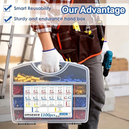 smseace 1100Pcs Wire Connectors Kit with Crimping Tool Packed in Handheld box 22-10AWG Insulated Wire Crimp Spade/Fork/Ring/Butt Electrical Speaker Wire Connector - size: 1100Pcs