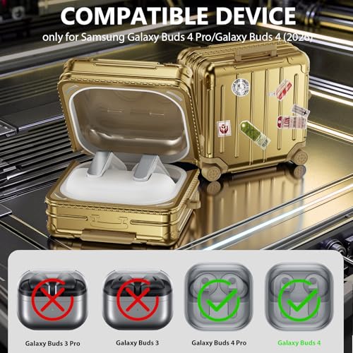 KOREDA Compatible with Samsung Galaxy Buds 4 Case/Buds 4 Pro Case Cover, Cute Funny Suitcase Design Case for Galaxy Buds 4 Pro, Fashion Protective Hard Case for Women Men with Keychain - color: Champaign Gold