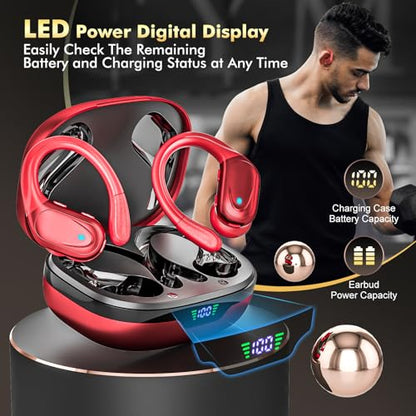 HAOYUYAN Wireless Earbuds, Sports Bluetooth Headphones, Noise Canceling Ear Buds with 80hr Playtime, LED Power Display, IPX7 Waterproof Earphones for Gym/Workout（Red） - color: Red