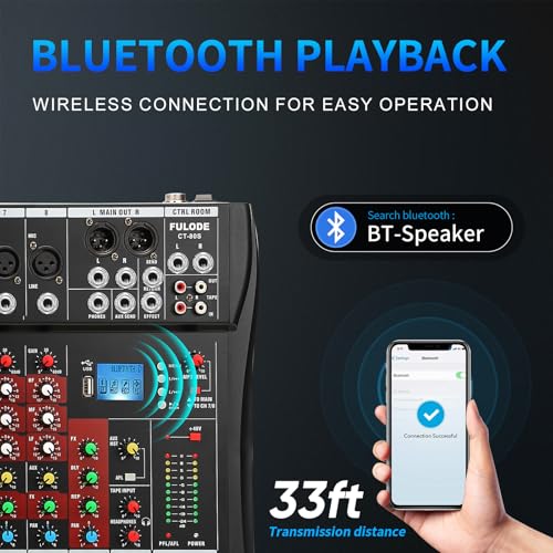 FULUODE Audio Mixer 8 Channel, CT-80S Professional Sound System Mixer Board DJ Mixing Console with Reverb MP3 Player Bluetooth 48V Phantom Power Supply USB Recording for Studio Karaoke Live Music