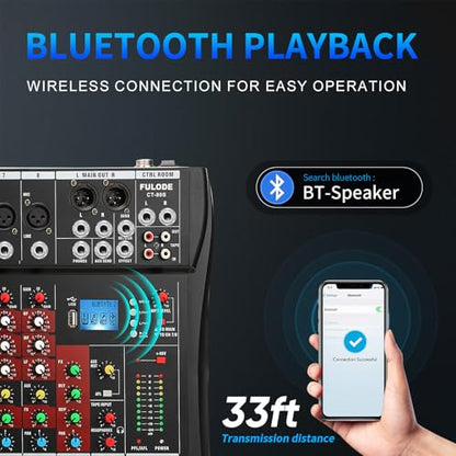FULUODE Audio Mixer 8 Channel, CT-80S Professional Sound System Mixer Board DJ Mixing Console with Reverb MP3 Player Bluetooth 48V Phantom Power Supply USB Recording for Studio Karaoke Live Music