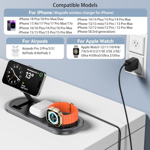 3 in 1 Fast Wireless Charger Stand for iPhone, Foldable Travel Charging Station for Magsafe for iPhone 18 Duo 17 e Air 16 15 14 13 12 Series, Apple Watch & AirPods Series, 2026 Christ mas Gift (Black) - color: Black
