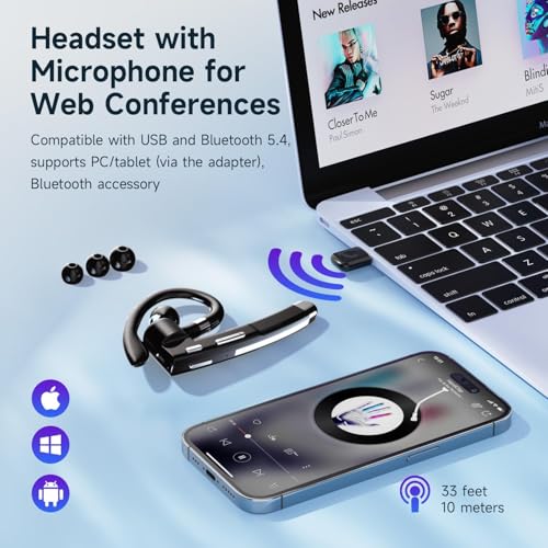 Boytond Bluetooth Earpiece V6.1,Single-Ear Wireless Headset with USB Dongle, 10H Talk Time and 4H Playtime via USB, Wireless Handsfree Headset with Mic for Android,iOS,Laptop,Office,Truck Driver