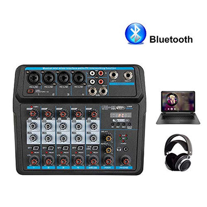 Professional DJ Audio Mixer, NEW BAXS 6 Channel Bluetooth Controller Sound Mixer, USB Interface, 99-Bit DSP XLR, AUX, TRS Processor MP3 Player w/48V Phantom For Karaoke Studio Streaming Recording