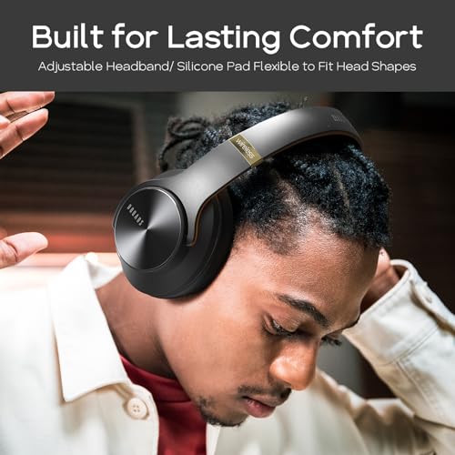 DOQAUS Bluetooth Headphones Over Ear, 90H Playtime, 3EQ Mode, with ENC Mic | Hifi Stereo Sound, Lightweight, Headphones Wireless with Soft Memory Foam Earpads, Deep Bass for Home Office Cellphone PC - color: Brown
