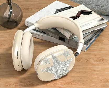 [4 in 1] Case Cover for AirPods Max 2/1 (2026/2024/2020) Ear Pad Case Cover/Headband Cover/Ear Cups Cover with Bling Star for Apple AirPods Max Headphones (Beige Star) - color: Beige Star