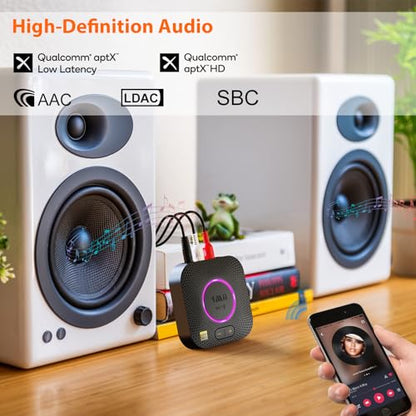 1Mii B06S+ LDAC Bluetooth 5.3 Receiver for Home Stereo Hi-Res Music Streaming, Hi-Fi Wireless Audio Adapter with aptX HD/LL, Long Range, Volume Control, RCA/3.5mm AUX Outputs - color: B06S+