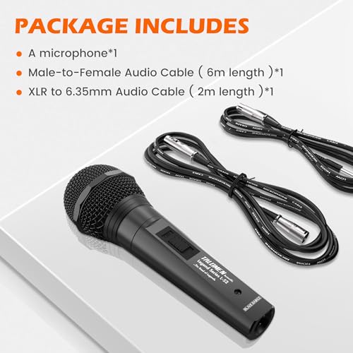 talomen Wired Microphone for Singing, Metal Female, ON/Off Switch, Professional Vocal Dynamic Mic with 20ft & 6.5ft XLR Audio Cable, Cardioid Studio Microfono for Podcasting and Recording, Black-L52