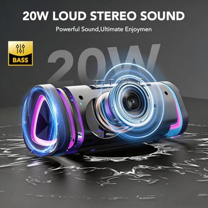 aowoka Bluetooth Speaker, 2026 Portable Wireless Speakers with Led Light, Bluetooth 5.4, 15H Playtime, Enhanced Bass, IPX7 Waterproof, Outdoor Speaker for Travel, Sport, Party, Biking.