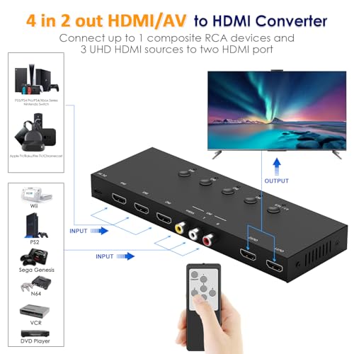 2-in-1 HDMI & AV Switcher,3 HDMI+1 RCA Inputs with 2 HDMIOutput,Support HDCP 2.2, 3D, 4:3/16:9 Aspect Ratio, Compatible with Xbox/Nintendo Switch/PS5/4,Roku/Wii/N64–Play Modern & Retro Games on 2 TV - size: 3 HDMI+1 RCA Inputs & 2 HDMI Output