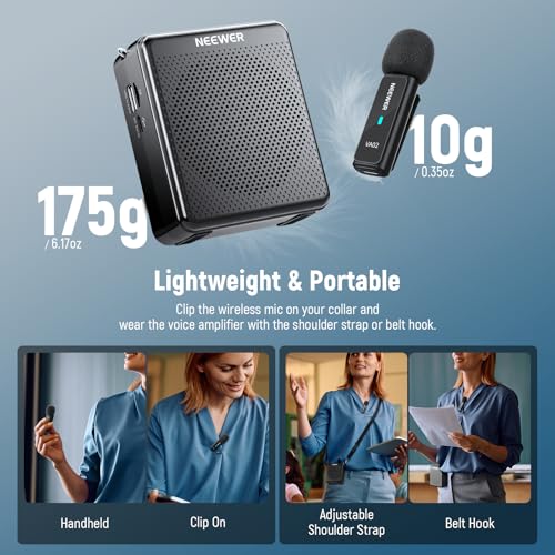 NEEWER VA02 Voice Amplifier with Wireless Microphone, Portable Mini USB C Rechargeable Noise Cancelling Sound Speaker Megaphone & Mic Set, 10Hrs, 15m Range for Classroom Teachers Trainers Tour Guides