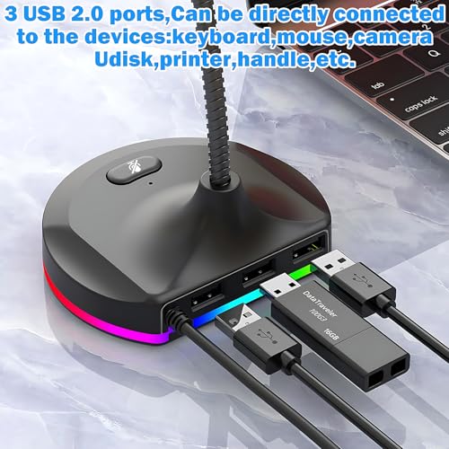 USB Computer Microphone with Mute Button and RGB Lighting,Plug&Play Mic for Conference,Gaming,YouTube,Desktop PC Mic for Mac/Window-Black-M8(3-Port Hub)