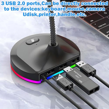 USB Computer Microphone with Mute Button and RGB Lighting,Plug&Play Mic for Conference,Gaming,YouTube,Desktop PC Mic for Mac/Window-Black-M8(3-Port Hub)