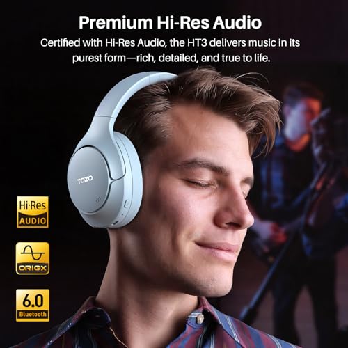 TOZO HT3 Hybrid Noise Cancelling Wireless Headphones, 90H Over Ear Headset | Hi Res Audio, AI Voice Assistant, Dual Device Connection, 32 Custom EQs, Built In 5 Mics, ANC, Foldable with Case - color: Blue