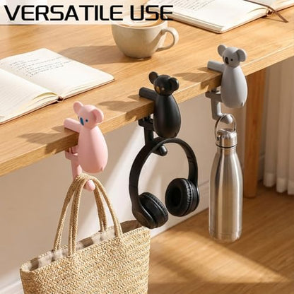 Bear-Shaped Purse Hook for Table 3 Pieces - Under-Table Handbag Hanger, Desk Side Hook, Detachable Bag Holder and Headphone Stand, Space Saving Desk Organizer