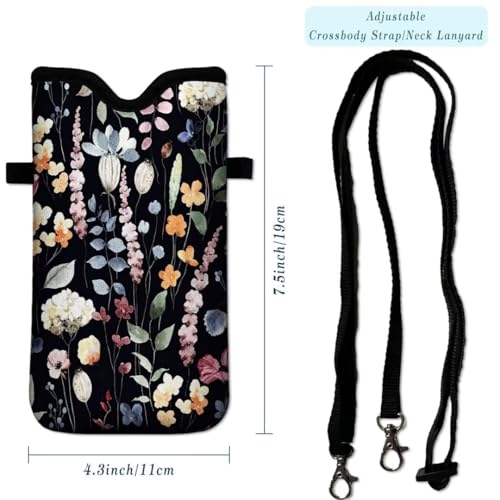 Cell Phone Sleeves Bag Case Crossbody Neoprene Holder Lanyard Phone Pouch for Women Men 7.5 X 4.5 Inches - Flowers - color: Flowers