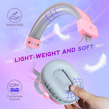 FIFINE USB Gaming Headset, PC Over-Ear Wired Streaming Headset with 3.5mm Jack, Detachable Microphone, 7.1 Surround Sound, Control Box, Passive Noise Cancellation, for PS5/Xbox/Switch-H9 Pink | Balanced Audio, 7.1 Surround Sound, Total 10ft Long Cable, De