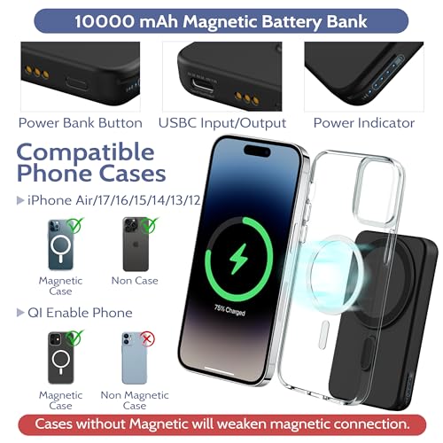 Smtcsl 3-in-1 Wireless Charging Station: Portable 10000mAh Power Bank Charger Compatible for Phone Air/17/16/15/14/13/12 Series and Watch - Detachable Magnetic Charging Stand Black
