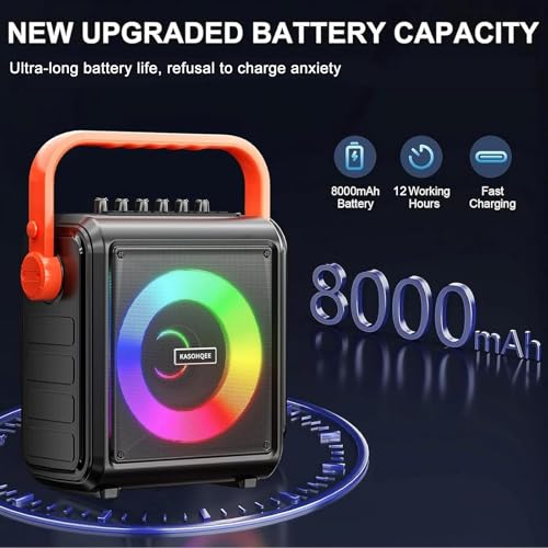 Karaoke Machine with 2 Wireless Microphones for Adults & Kids, 8000mAh Portable Bluetooth Speaker PA System with Lights, Supports AUX in/TF Card/FM/REC, Microphone Speaker Set for Home Party, Outdoor