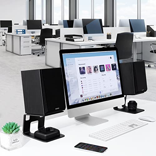 VAYDEER Desktop Speaker Stands with Vibration Absorption Pads, Metal Speaker Stands Pair Support Up to 40lbs,Bookshelf Speaker Stands for Better Audio Experience (7.09 x 5.51 x 5.12 inch)