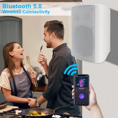 Herdio 6.5 Inches Outdoor Bluetooth Speakers Waterproof with Powerful Bass,Wall Mount Speakers Wired Weather Resistant for Patio Home Deck Porch Backyard 400 Watts(White) - color: White