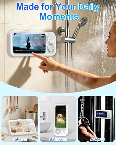 Shower Phone Holder Waterproof with Wireless Bluetooth Speaker | 360° Rotation Wall Mount Phone Holder for Shower, Anti-Fog High Sensitivity Shower Phone Case for Bathroom Bathtub Kitchen