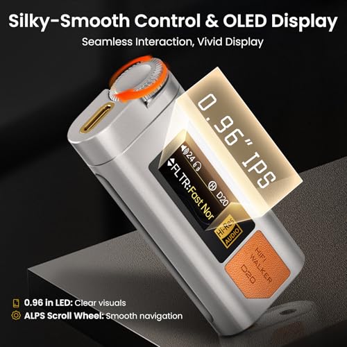 HIFI WALKER D20 DAC512 Portable Headphone Amp/DAC – USB Hi-Res Audio Dongle with 4.4mm Balanced & 3.5mm Output, ES9038Q2M + CT7601PR, Support PCM 768kHz/DSD512, CNC Aluminum, OLED Display