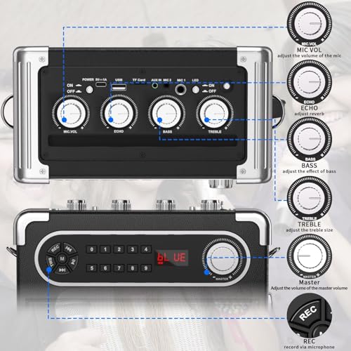 Karaoke Machine with 4 Wireless Microphones, Portable Bluetooth 5.1 Speaker for Adults Kids with LED Lights, Bass/Treble Adjustment, PA System with Remote Control, Supports FM/AUX/USB/TF for Party