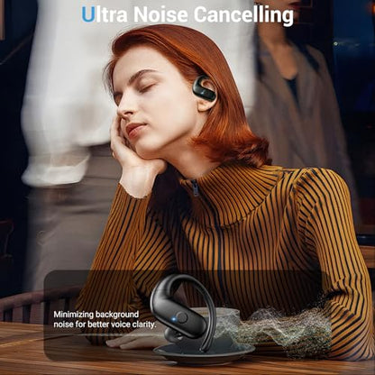 Sport Wireless Earbuds,60Hrs BT5.4 ENC IPX7 Waterproof Earhooks Deep Bass | 14.2mm drivers deliver rich stereo sound. Soft silicone ensures a secure, painless fit for long workouts. - color: Black