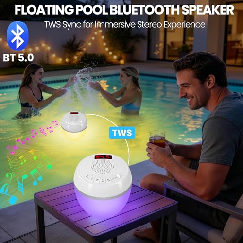 AearKing 3in1 Floating Pool Speaker with Digital Pool Thermometer & Lights | RGB Lights, TWS, IP68 Waterproof, Bluetooth 5.0, 360° Surround Sound, LCD Temperature Display, ABS,USB Charging