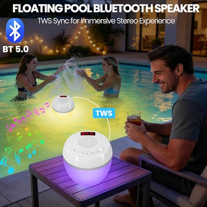 AearKing 3in1 Floating Pool Speaker with Digital Pool Thermometer & Lights | RGB Lights, TWS, IP68 Waterproof, Bluetooth 5.0, 360° Surround Sound, LCD Temperature Display, ABS,USB Charging
