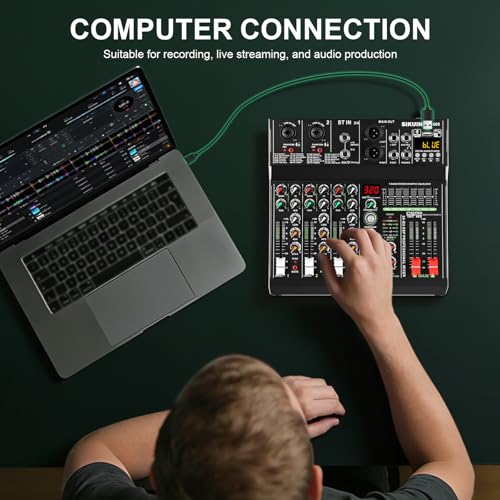 4 channel professional portable mixer, 320 DSP effects + 48V phantom power, Bluetooth sound card + 7-Band Eq Output, for PC recording, karaoke studio effects, and streaming playback