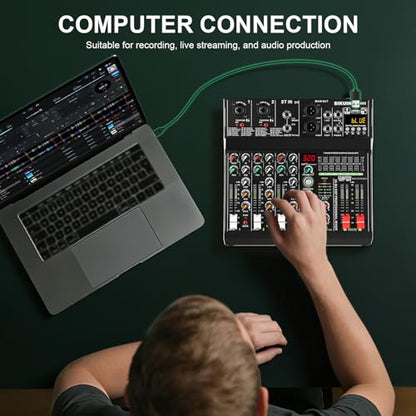 4 channel professional portable mixer, 320 DSP effects + 48V phantom power, Bluetooth sound card + 7-Band Eq Output, for PC recording, karaoke studio effects, and streaming playback