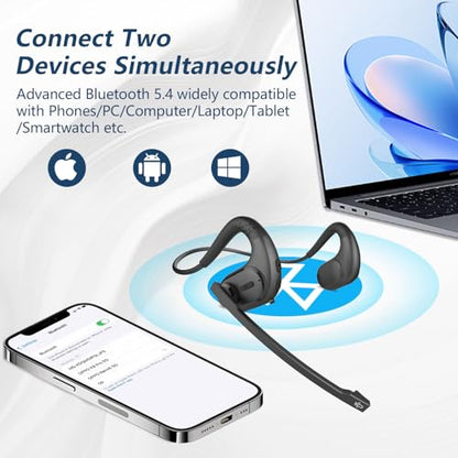 Bluetooth Headset, Open Ear Headphones with Removable Microphone | Noise Cancelling Wireless Headset for Phones Laptop Computer, 12 Hours PC Headsets for Office Meeting Working Driving Running