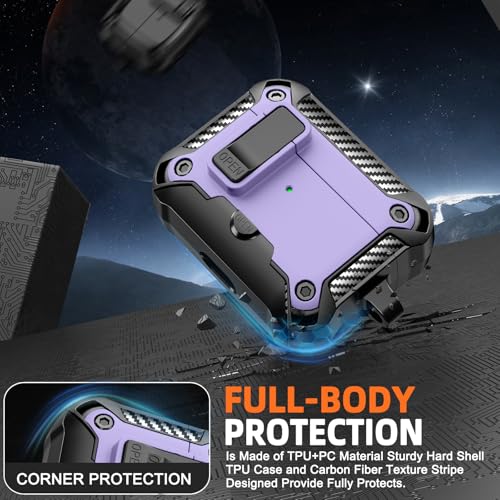 for AirPods Pro 1st/2nd Case with Lock & Phone Stand(Purple) | Automatic Snap Switch Lock,Carbon Fiber Texture Design Cover with Cleaner Kit - color: BB-Purple